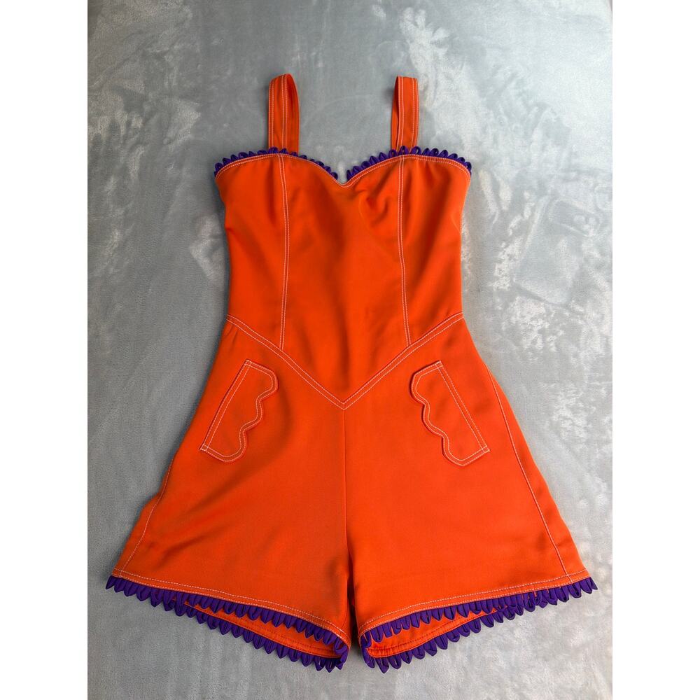 Maria Isabel Cepeda Orange Romper Size 0 Purple Trim Scalloped Corset Playsuit - Picture 3 of 5